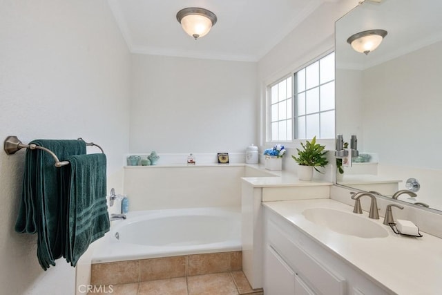 bathroom featuring tile patterned flooring, ornamental molding, a relaxing tiled tub, and vanity