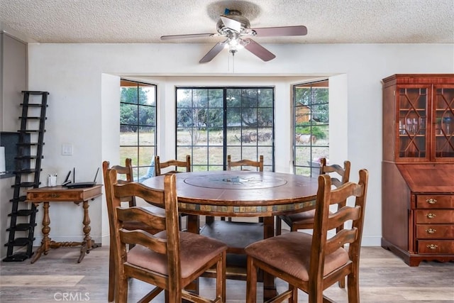 dining space featuring ceiling fan, light hardwood / wood-style floors, and a textured ceiling