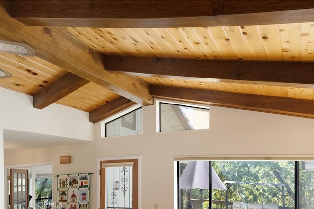 interior details featuring wood ceiling and beam ceiling