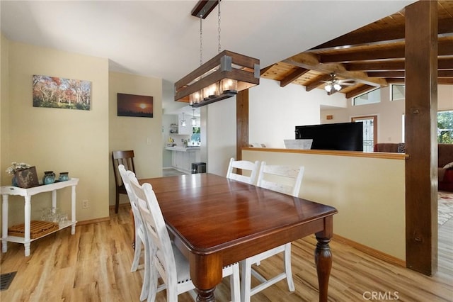 dining space with ceiling fan, lofted ceiling with beams, and light hardwood / wood-style flooring