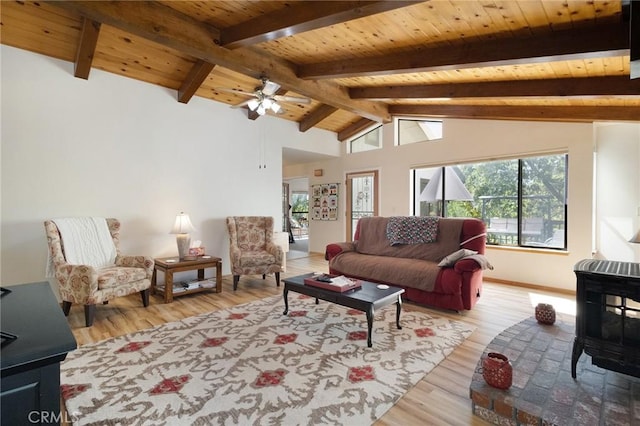 living room with lofted ceiling with beams, a wood stove, wooden ceiling, and light wood-type flooring