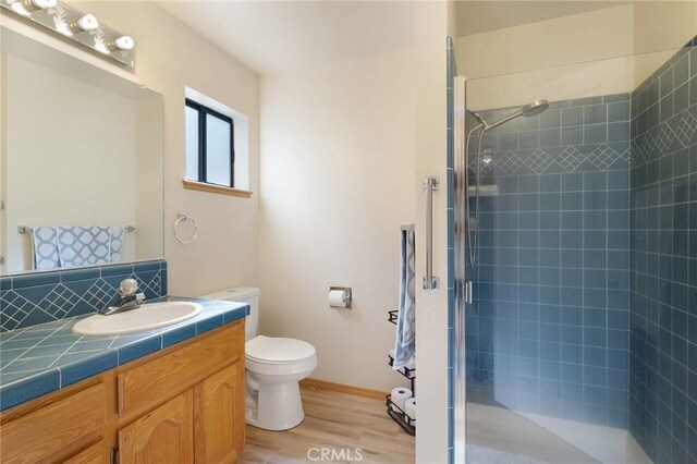 5045 Malibu Dr, Paradise, CA 95969 - bathroom with a stall shower, vanity, wood finished floors, and decorative backsplash