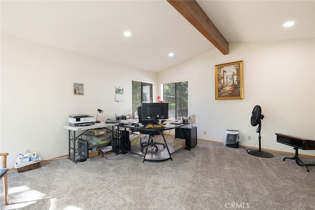 carpeted office featuring lofted ceiling with beams