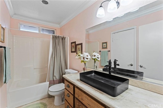 full bathroom with shower / bath combination with curtain, ornamental molding, toilet, and vanity