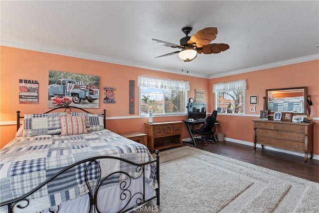 bedroom featuring crown molding, ceiling fan, and dark hardwood / wood-style flooring