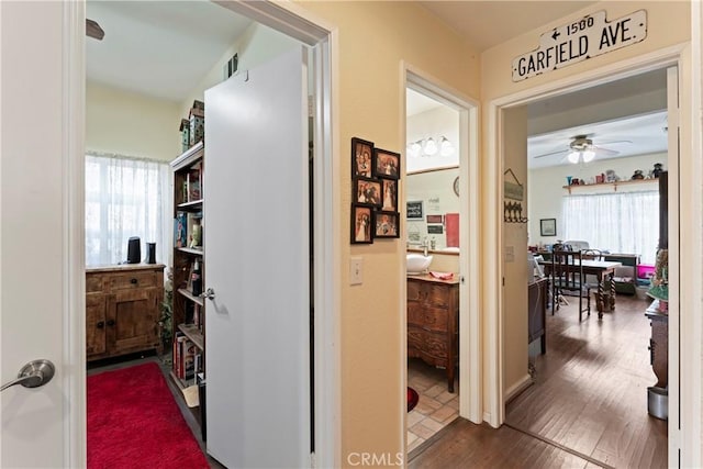 hallway with dark wood-type flooring