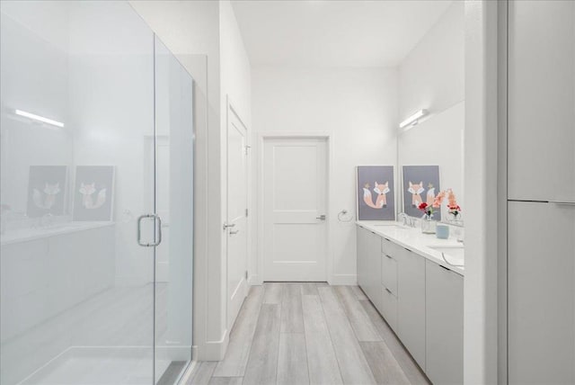 bathroom with wood-type flooring, a shower with door, and vanity