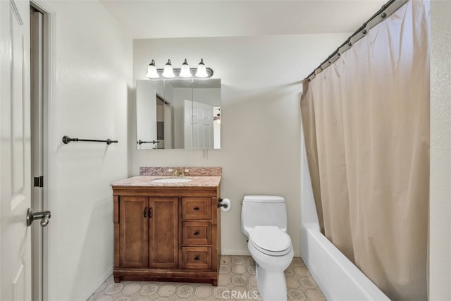 full bathroom with shower / bathtub combination with curtain, vanity, and toilet