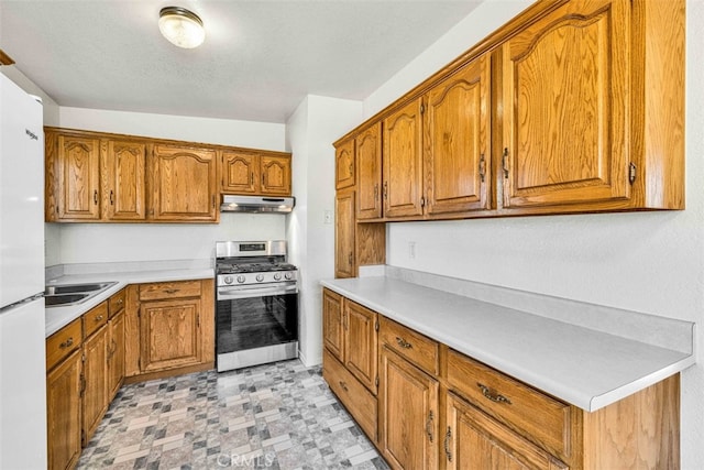 kitchen with sink, stainless steel gas range oven, a textured ceiling, and white fridge