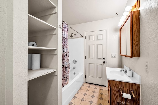 bathroom with vanity and shower / bath combo with shower curtain