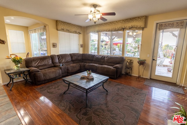 living room featuring ceiling fan and dark hardwood / wood-style flooring