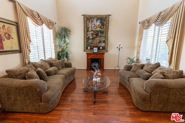 living room with a high ceiling, a healthy amount of sunlight, and dark hardwood / wood-style flooring