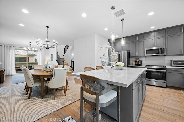 kitchen with pendant lighting, gray cabinets, a center island, and appliances with stainless steel finishes