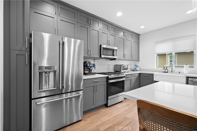 kitchen featuring light hardwood / wood-style flooring, sink, gray cabinets, and stainless steel appliances