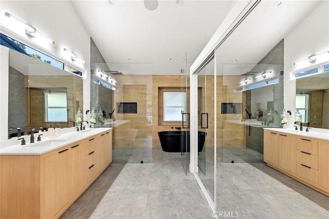 bathroom featuring vanity and separate shower and tub