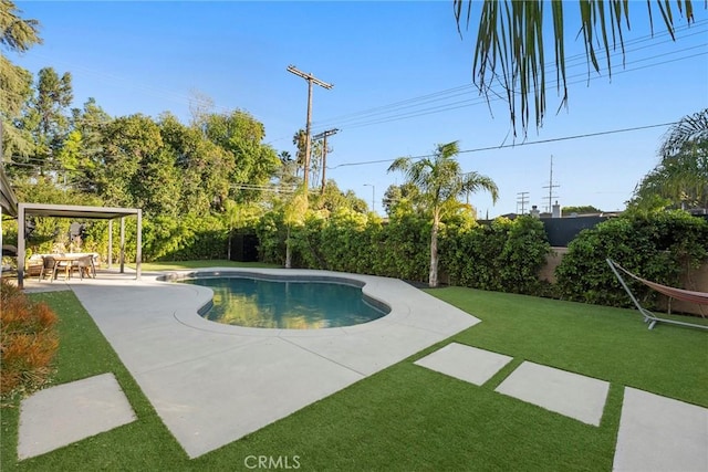 view of pool with a patio area and a lawn