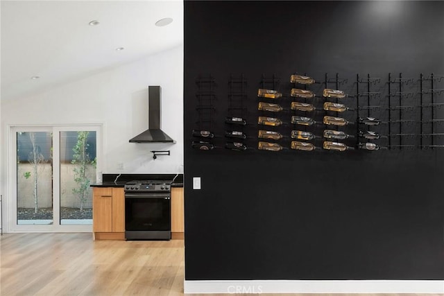 wine area featuring lofted ceiling and light hardwood / wood-style floors