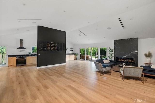 living room with high vaulted ceiling and light hardwood / wood-style floors