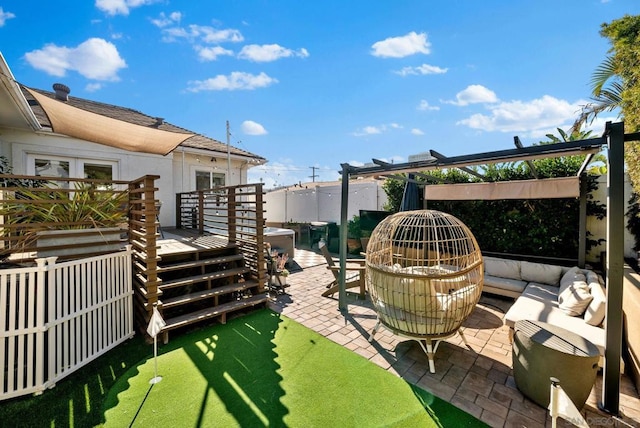 view of patio / terrace with an outdoor living space, a wooden deck, a pergola, and french doors