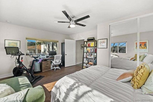 bedroom with dark hardwood / wood-style floors and ceiling fan