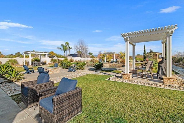 view of yard with a pergola and a patio