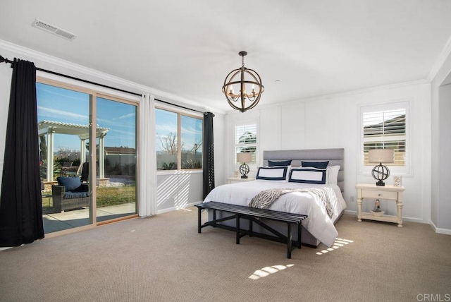 carpeted bedroom with a notable chandelier, access to outside, and ornamental molding