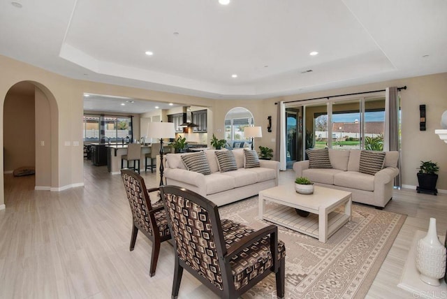 living room featuring a raised ceiling and a wealth of natural light