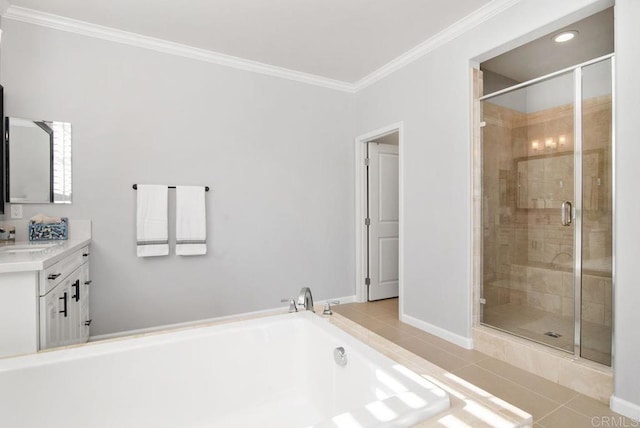 bathroom featuring vanity, crown molding, tile patterned floors, and independent shower and bath