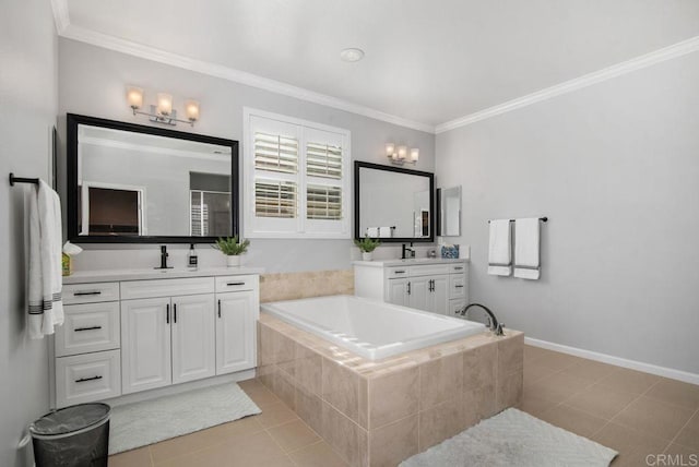 bathroom with tile patterned flooring, crown molding, shower with separate bathtub, and vanity