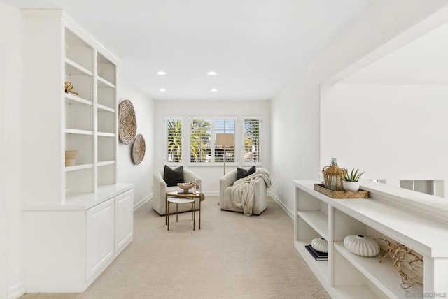 sitting room featuring light carpet