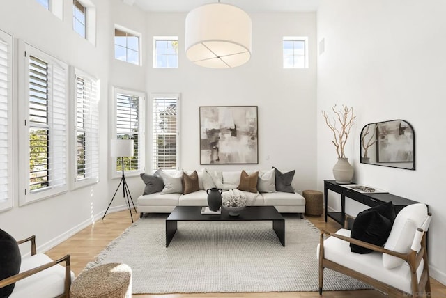 living room with a high ceiling and wood-type flooring