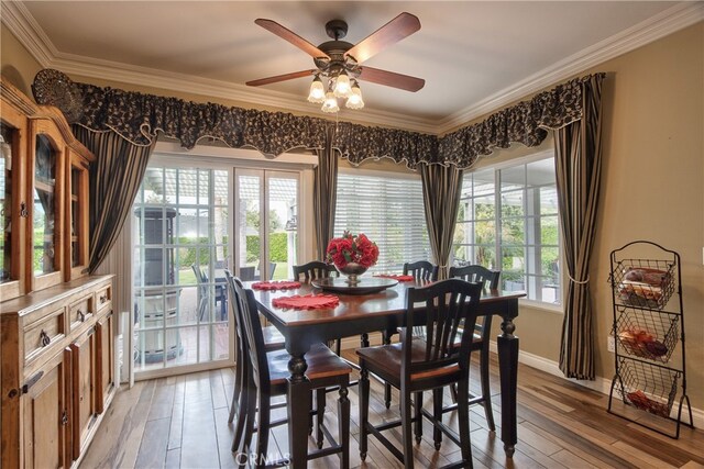 dining room with ornamental molding and hardwood / wood-style floors