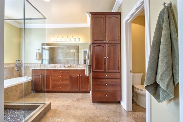 full bathroom with independent shower and bath, crown molding, vanity, and toilet