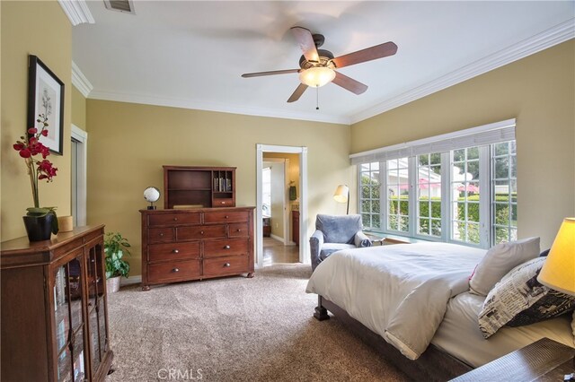 carpeted bedroom with connected bathroom, ornamental molding, and ceiling fan