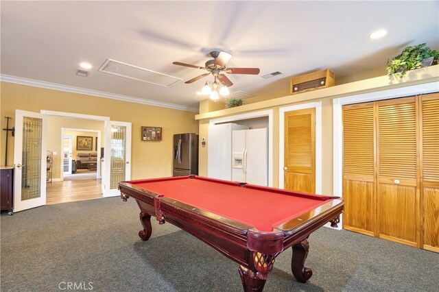 game room with billiards, ornamental molding, ceiling fan, and carpet flooring