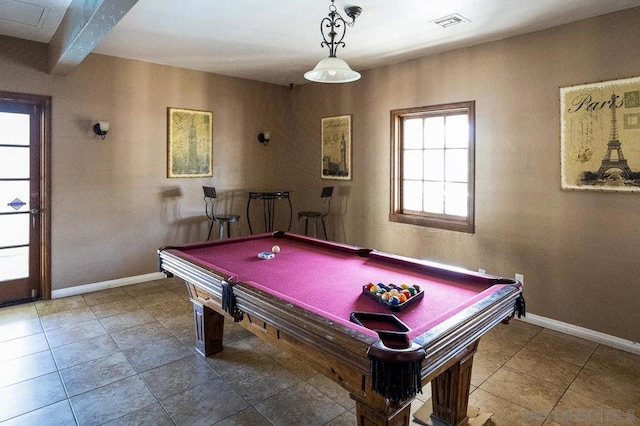 rec room featuring billiards, beam ceiling, and tile patterned flooring