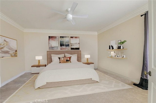 bedroom with crown molding, light colored carpet, and ceiling fan