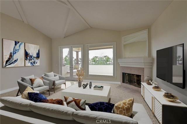 living room featuring french doors, light colored carpet, lofted ceiling, and a fireplace