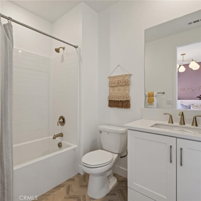 full bathroom featuring vanity, parquet floors, shower / bathtub combination with curtain, and toilet