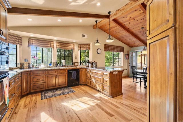 kitchen featuring hanging light fixtures, black appliances, a peninsula, vaulted ceiling with beams, and brown cabinets