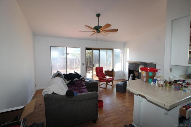 living room featuring dark hardwood / wood-style floors and ceiling fan