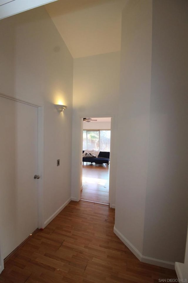 hall featuring a high ceiling and dark hardwood / wood-style floors