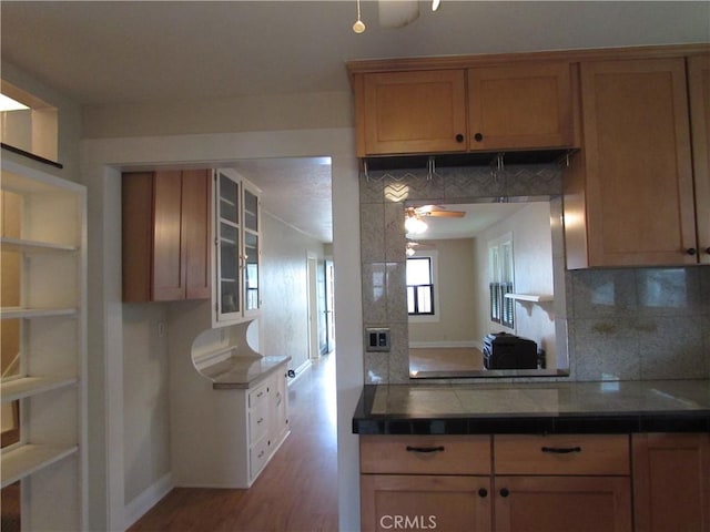 kitchen featuring decorative backsplash, ceiling fan, and hardwood / wood-style flooring