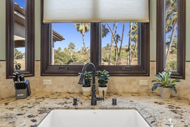 interior details with light stone counters, sink, and tasteful backsplash