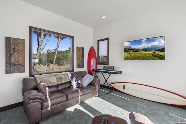 living room featuring dark carpet