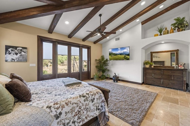 bedroom featuring ceiling fan, beam ceiling, and high vaulted ceiling