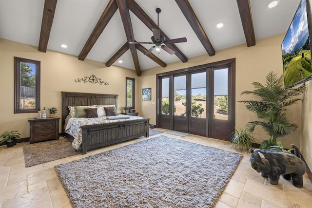 bedroom with vaulted ceiling with beams, access to outside, ceiling fan, and french doors