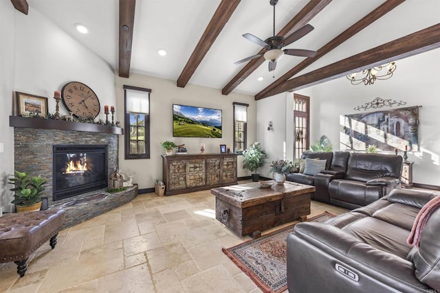 living room featuring a fireplace, a wealth of natural light, high vaulted ceiling, and beamed ceiling