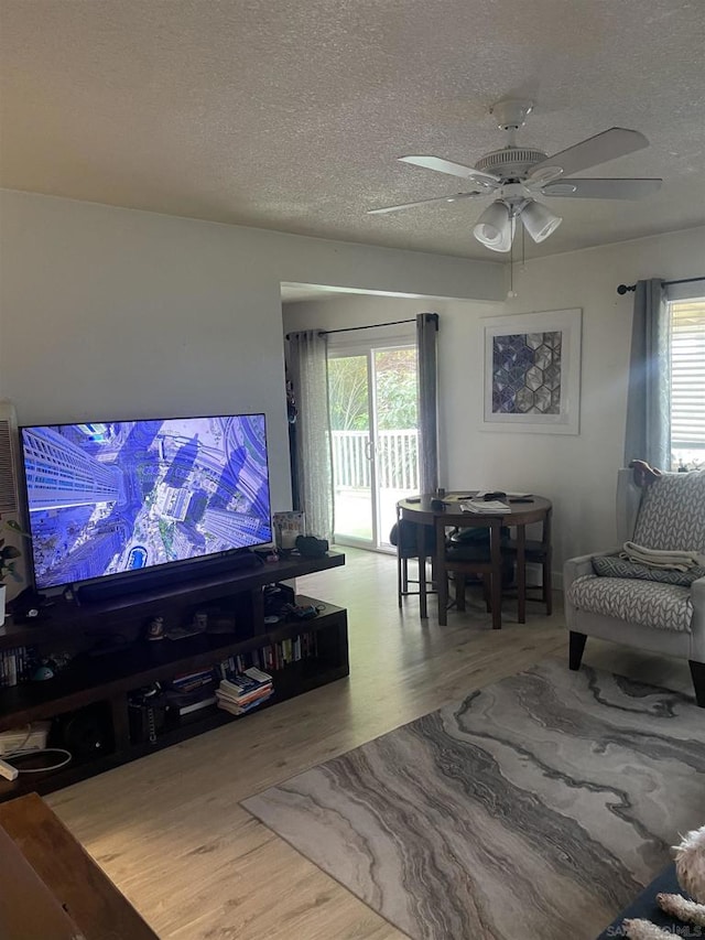 living room with a healthy amount of sunlight, a textured ceiling, and light hardwood / wood-style floors