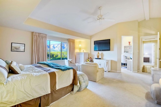 carpeted bedroom with ceiling fan and vaulted ceiling with beams